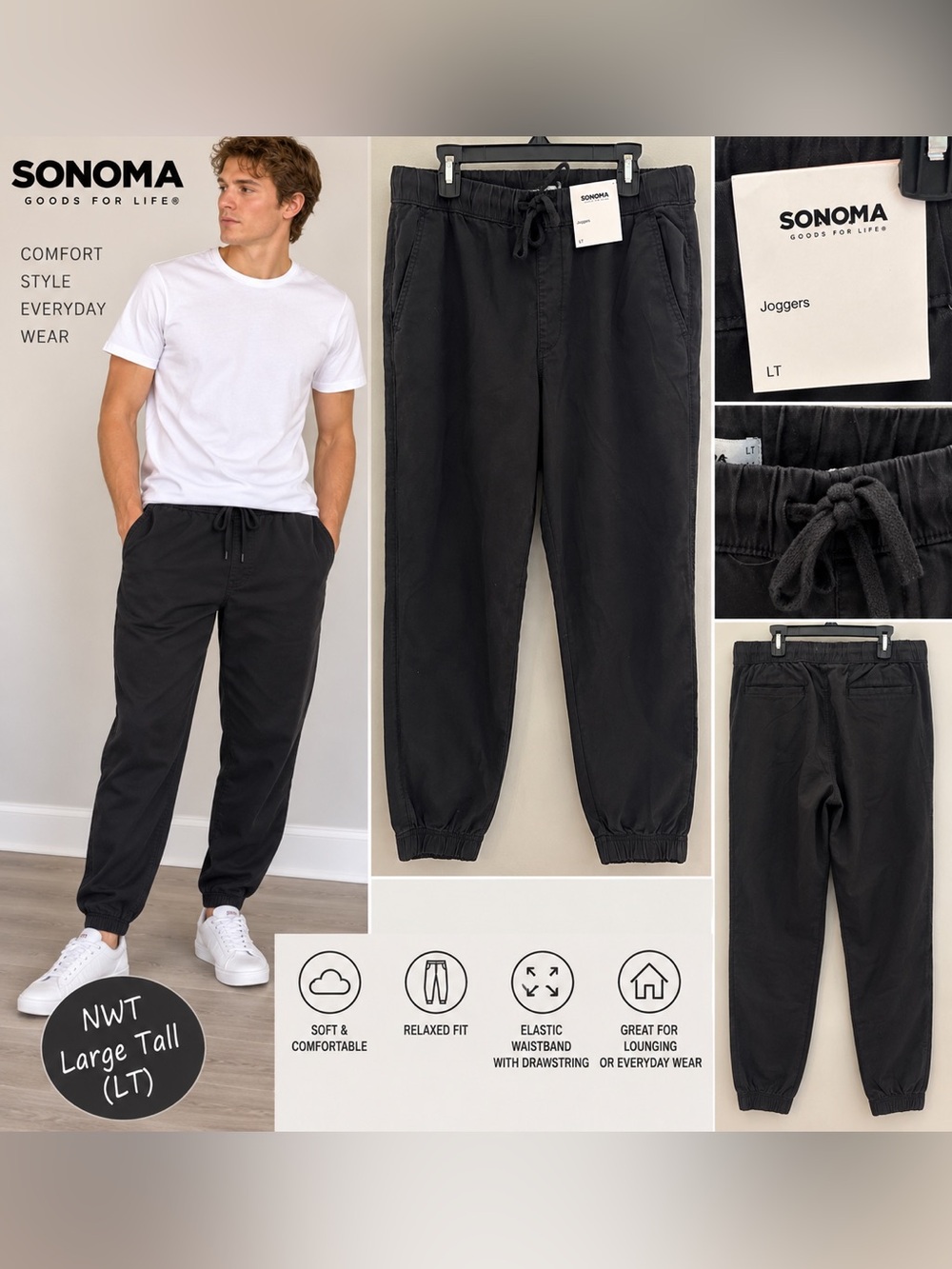 NWT Sonoma Men’s Large Tall LT Black Jogger Pants Drawstring